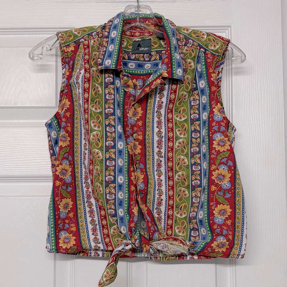 Vintage Liz Claiborne Button Front Mixed Floral Print Tie Front Cotton Top Sz M